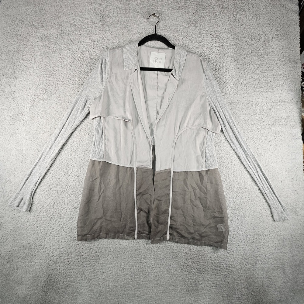 John Mark Cardigan Womens L Beige Gray Sheer Panel Lightweight Officecore Preppy - Picture 2 of 13